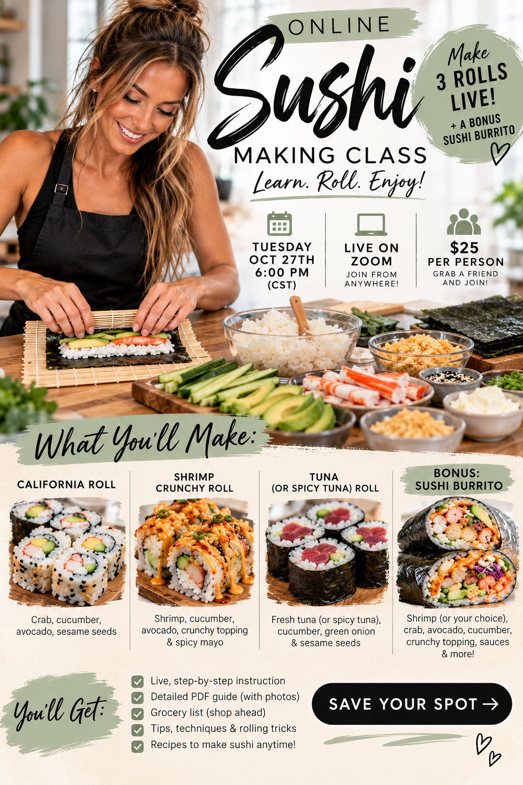 LIVE SUSHI MAKING CLASS 10.27.26 at 6pm Central (read prep ahead instructions before class)
